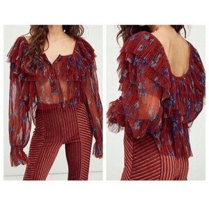 Free People Frills and Thrills Ruffle Sheer LS Blouse Top S Boho Gypsy Femme NWT